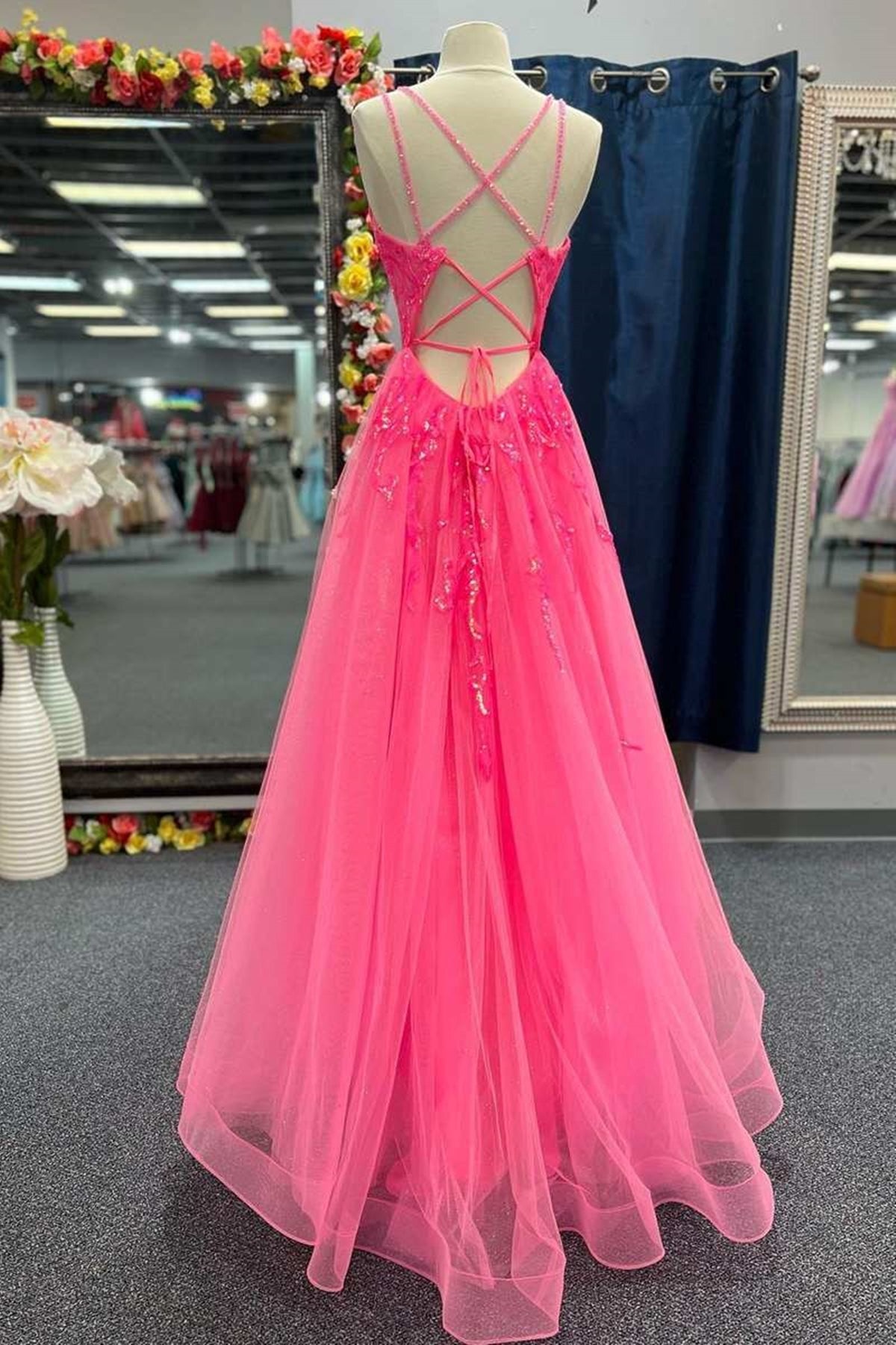 charming pink tulle prom dresses lace up sequins lace graduation dress