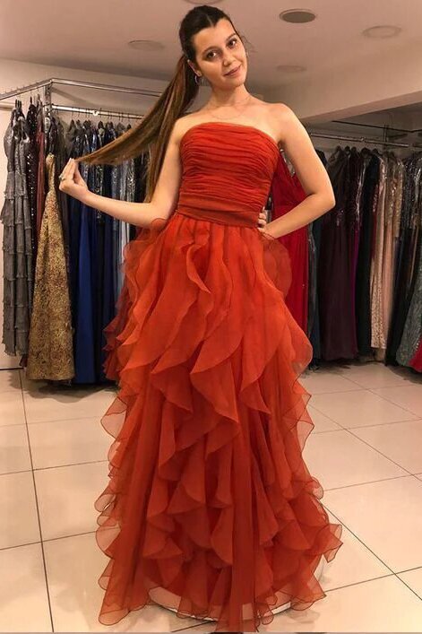 Charming Strapless Ruffles Brick Red Chiffon Prom Dress, Long Evening Dress GP654