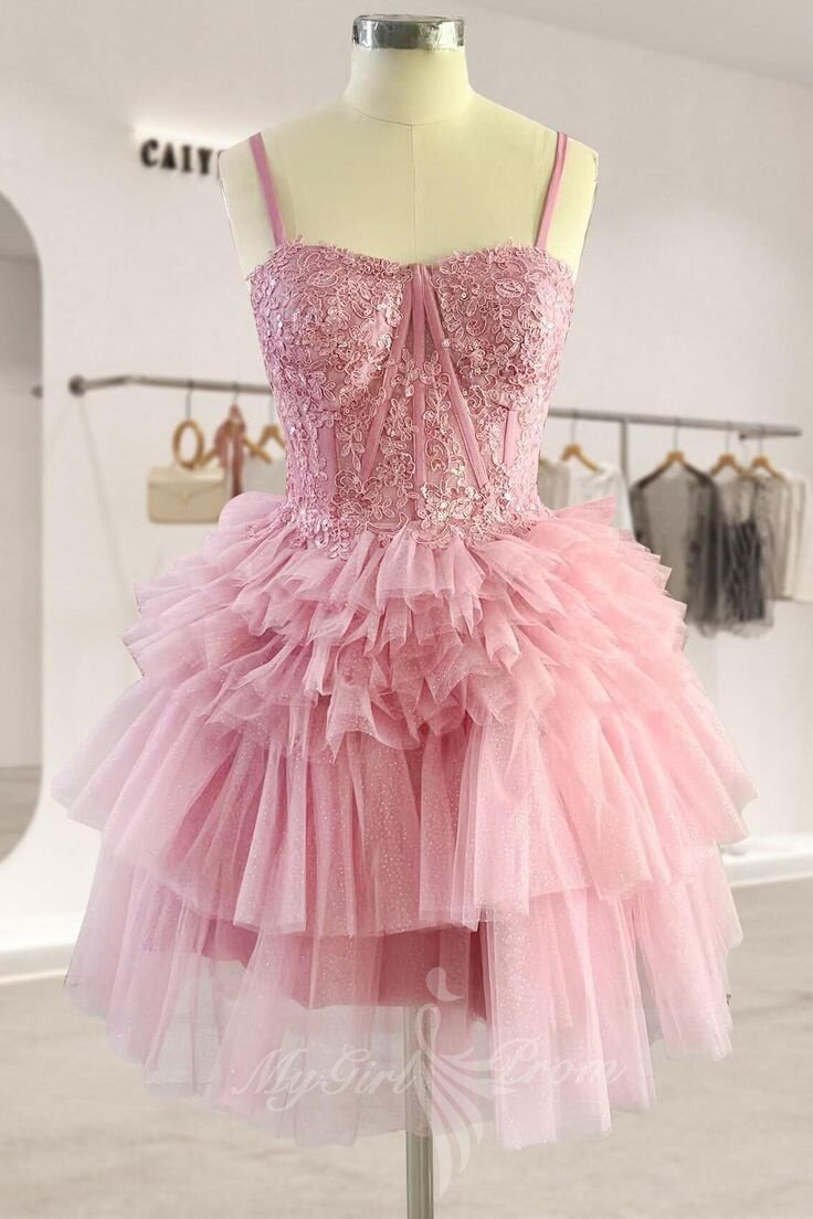 Chic Pink Appliques Tiered Ruffle Tulle Short Homecoming Dress GM711