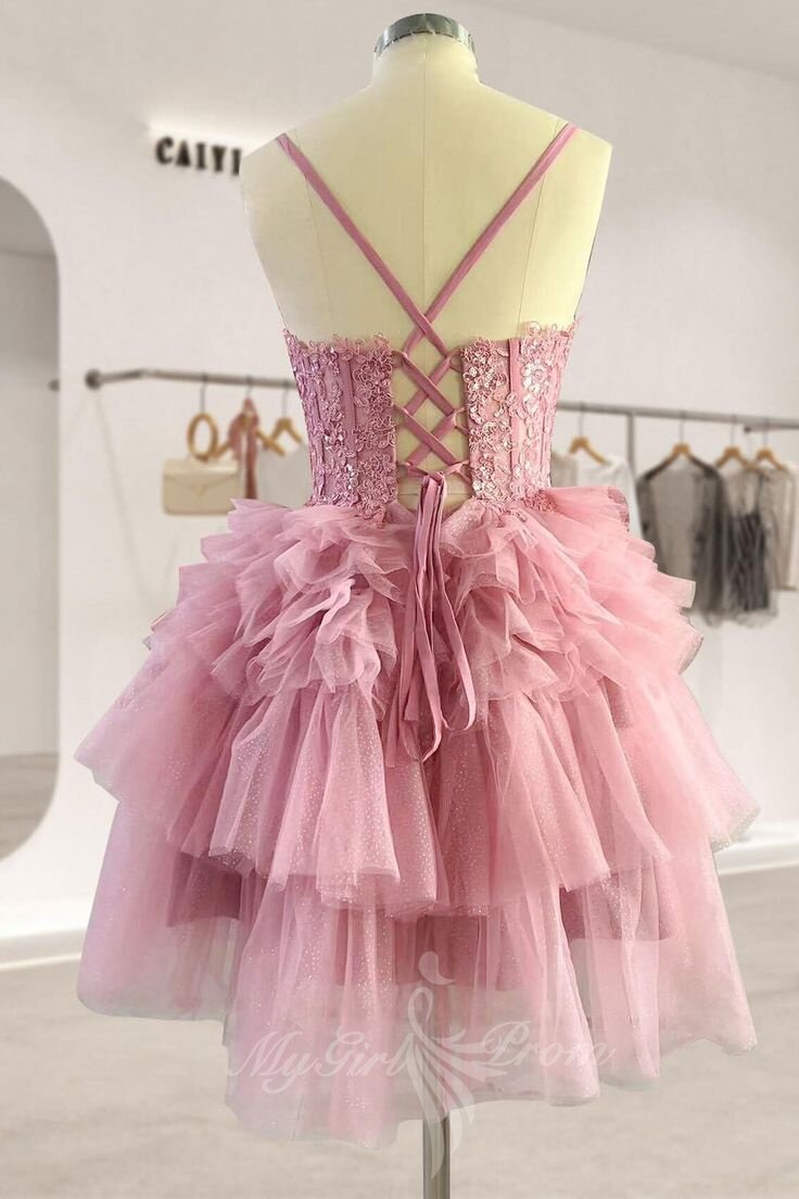 Chic Pink Appliques Tiered Ruffle Tulle Short Homecoming Dress GM711