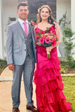Chic Ruffled Prom Dress Fuchsia Mermaid Layered Long Formal Dress GP696