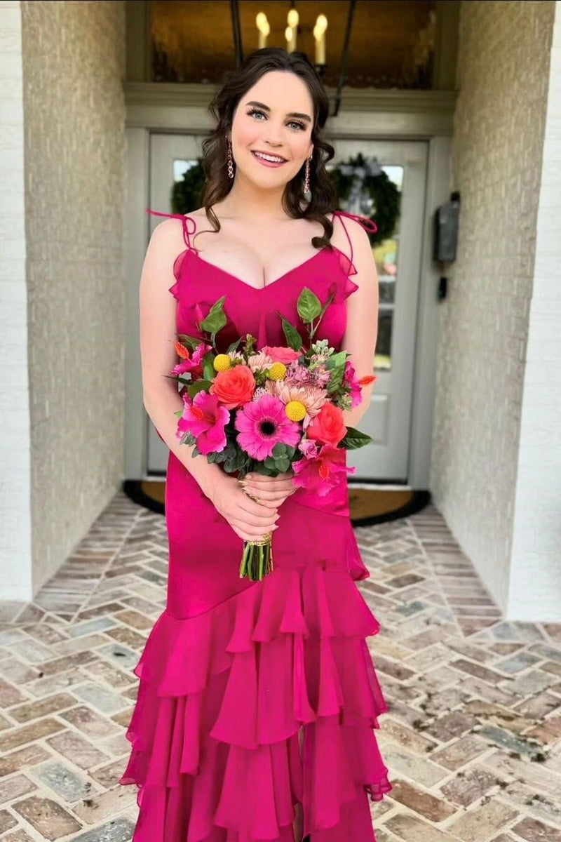 Chic Ruffled Prom Dress Fuchsia Mermaid Layered Long Formal Dress GP696