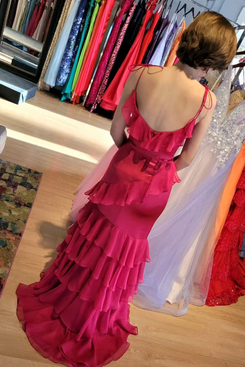 Chic Ruffled Prom Dress Fuchsia Mermaid Layered Long Formal Dress GP696