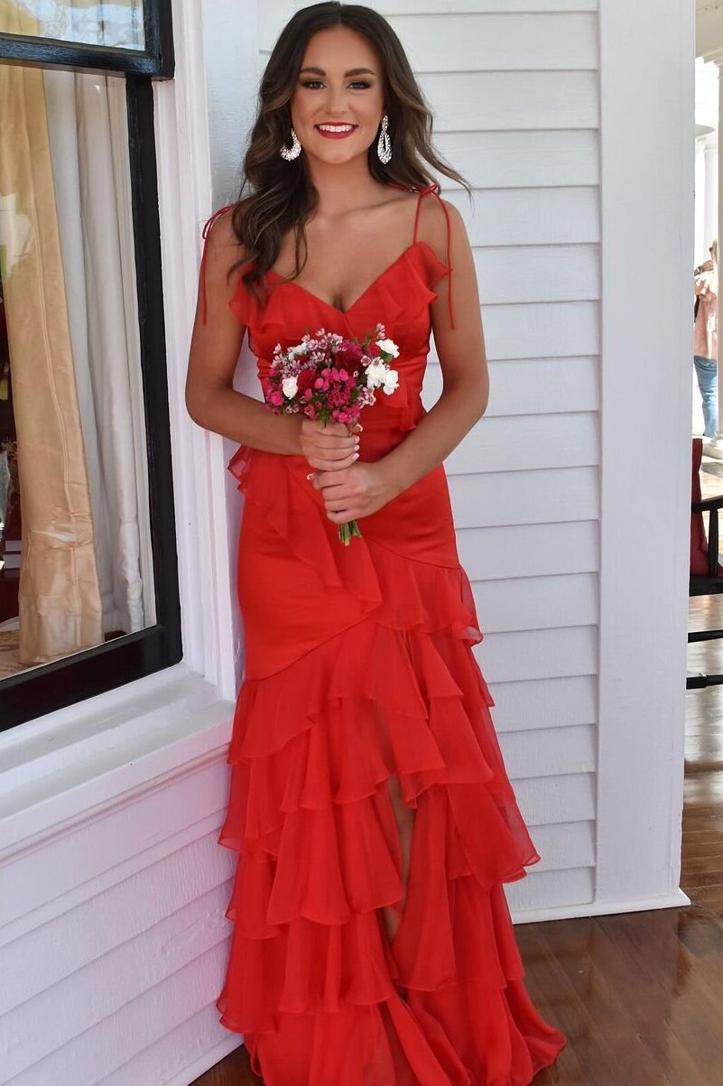 Chic Ruffled Prom Dress Fuchsia Mermaid Layered Long Formal Dress GP696