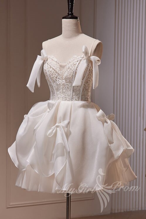 chic spaghetti straps homecoming dress with lace short party dress with bowknot