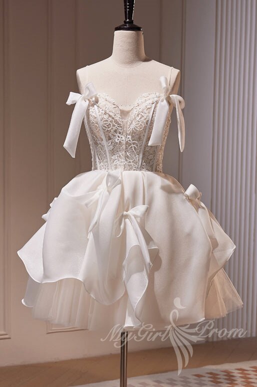 chic spaghetti straps homecoming dress with lace short party dress with bowknot