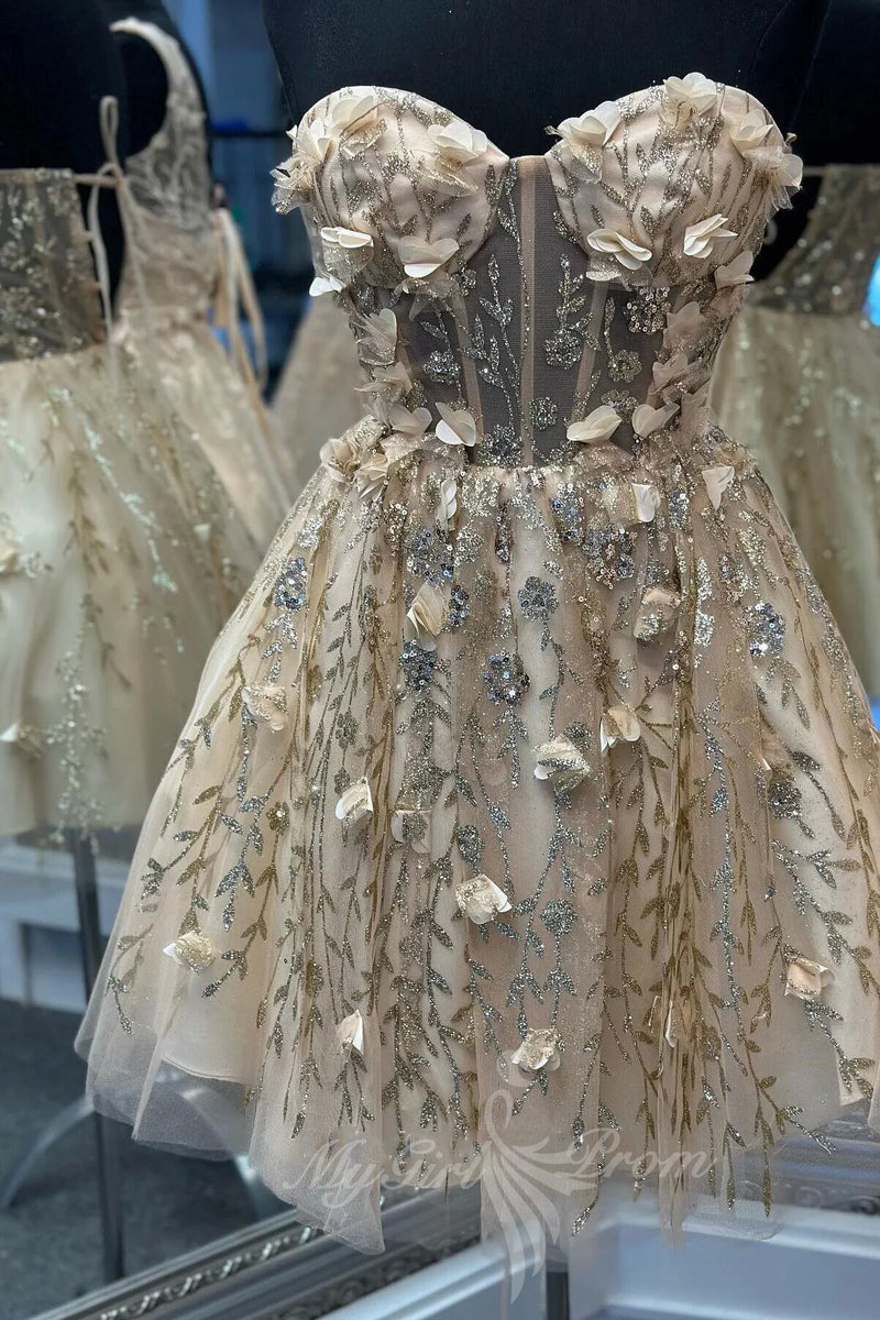 Chic Sweetheart Short Prom Dress 3D Appliques Tulle Homecoming Dress GM712
