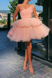 Pink One Shoulder Layered Tulle Short Prom Homecoming Dresses GM696