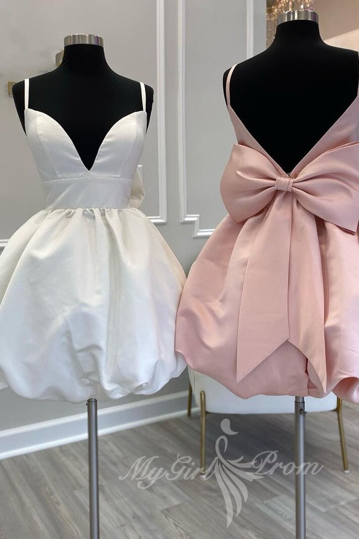 cute a line v neck short homecoming dresses with bow satin party dress