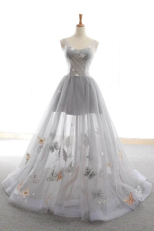 cute gray tulle star butterfly prom dress long lace up party gown