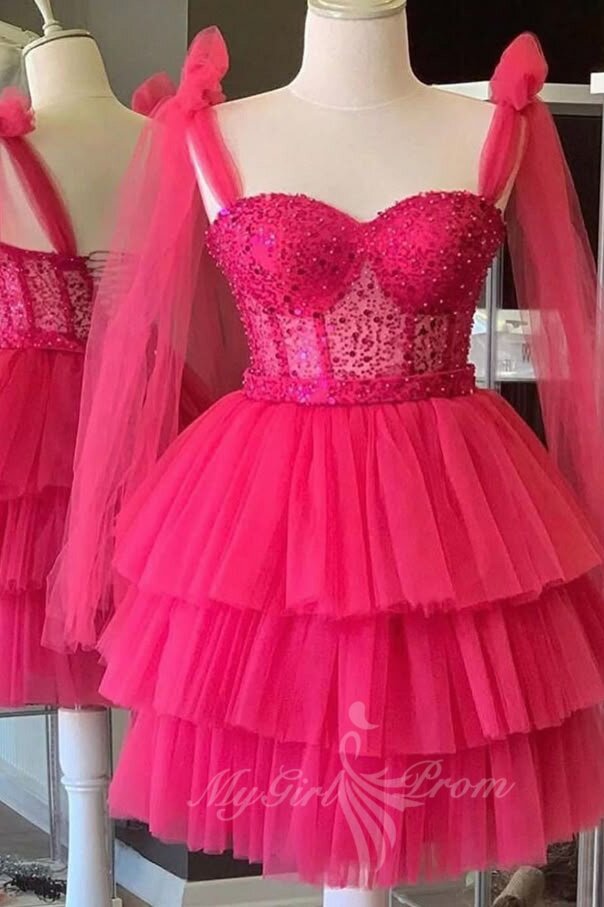 Cute Hot Pink A-line Tulle Homecoming Sequin Corset Tiered Party dresses GM731