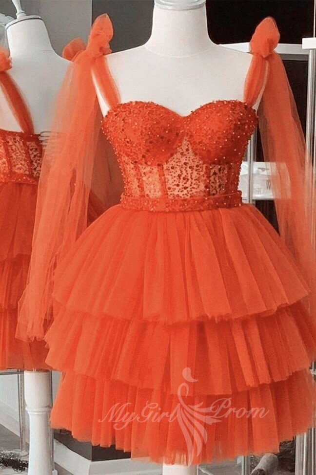 Cute Hot Pink A-line Tulle Homecoming Sequin Corset Tiered Party dresses GM731