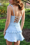 Cute Ruffle Straps Blue Satin Mini Homecoming Dress with Ruffles GM740