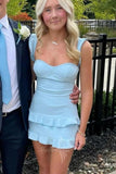 Cute Ruffle Straps Blue Satin Mini Homecoming Dress with Ruffles GM740