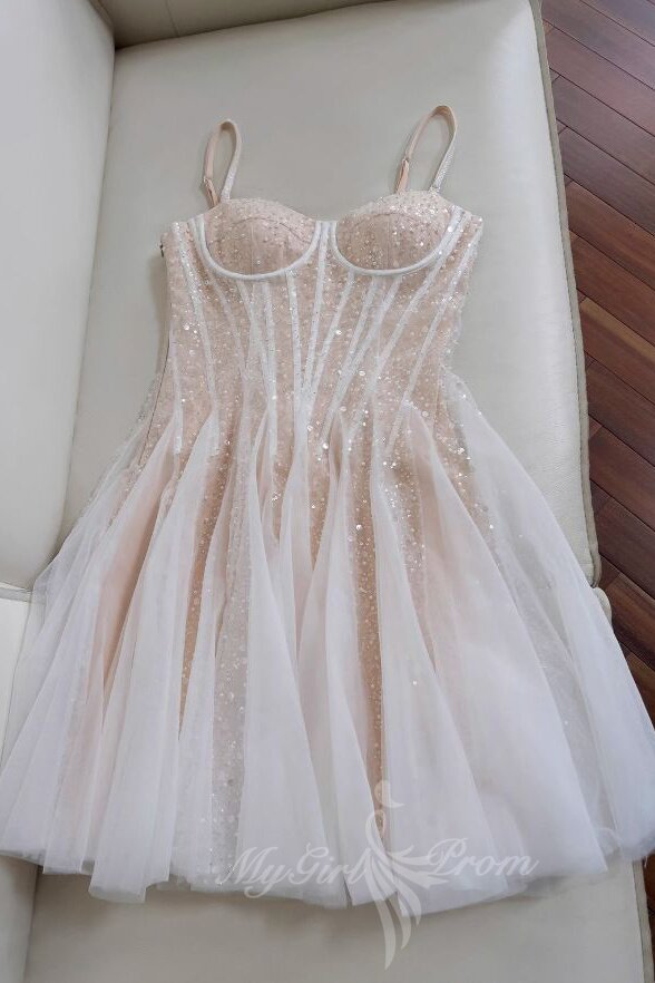 Cute Spaghetti Straps Short Sequin A line Short Homecoming Dresses GM719