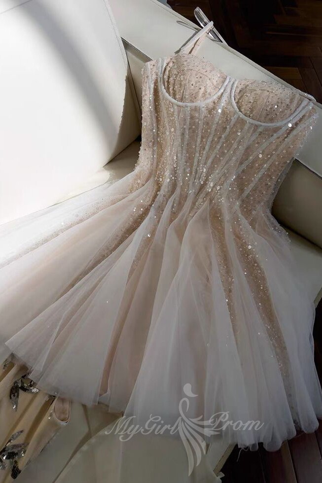 Cute Spaghetti Straps Short Sequin A line Short Homecoming Dresses GM719