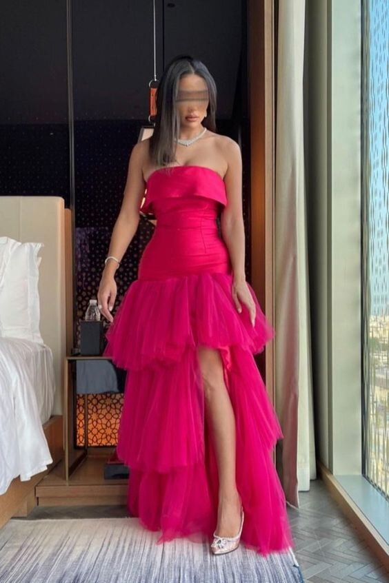 Elegant A-Line Strapless Hot Pink Prom Dress Tiered Tulle Slit Formal Gown