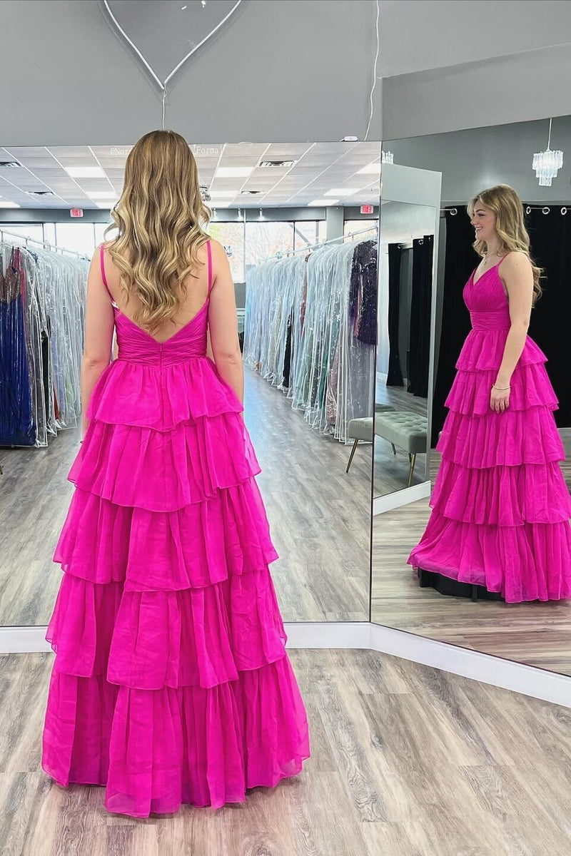 Elegant A-line Fuchsia Pleated Tiered Tulle Prom Dress, Long Formal Dress GP679