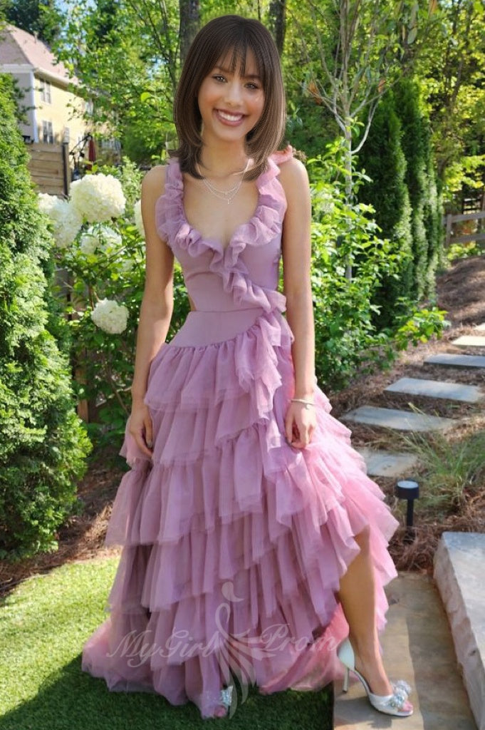Elegant A-line Ruffle-draped Tulle Prom Dress Tiered Formal Gown GP812