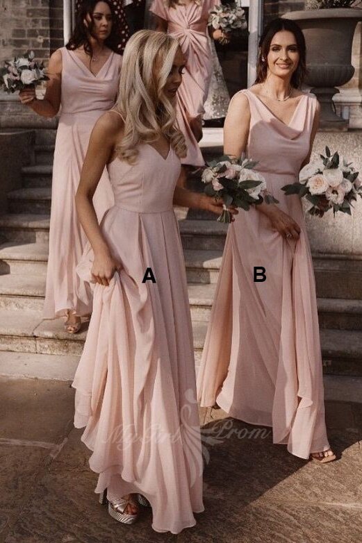Elegant A-line V-neck Floor Length Pink Chiffon Bridesmaid Dresses GB410