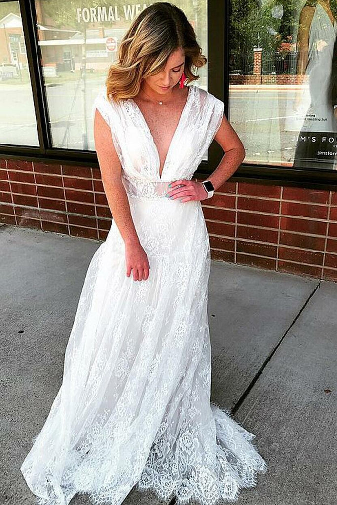 Elegant A-line V Neck Lace Beach Wedding Dress, Bohemian Bridal Gown PW558