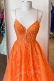 Elegant A Line V Neck Orange Beaded Appliques Tulle Long Prom Dress, GP705