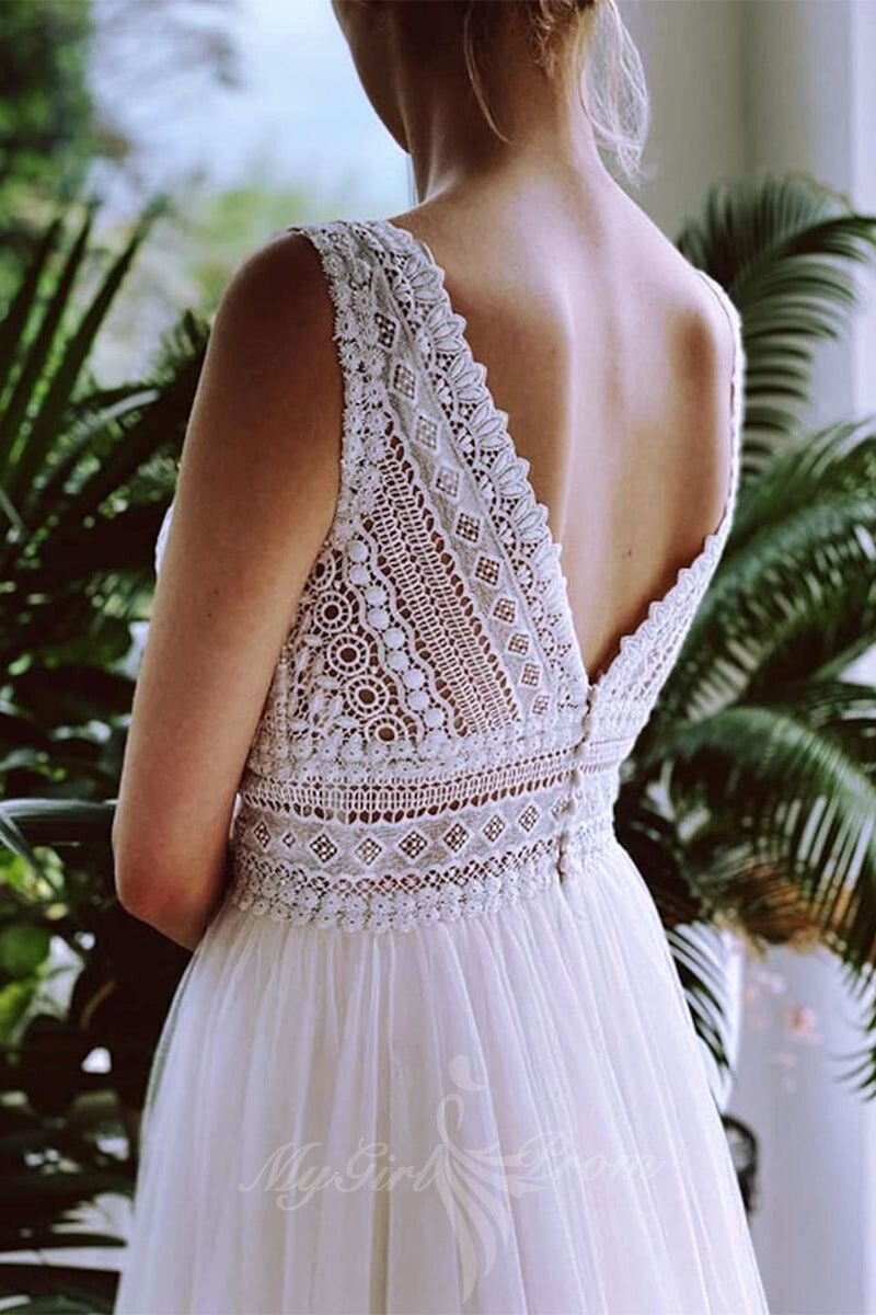 Elegant Bohemian Tulle A Line Bridal Dress Beach Lace Wedding Dresses PW577