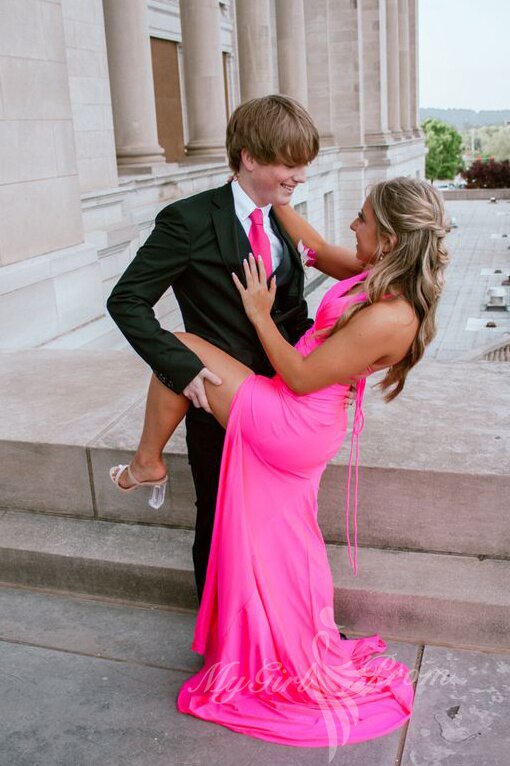 elegant hot pink mermaid v neck satin prom dress slit backless evening gown