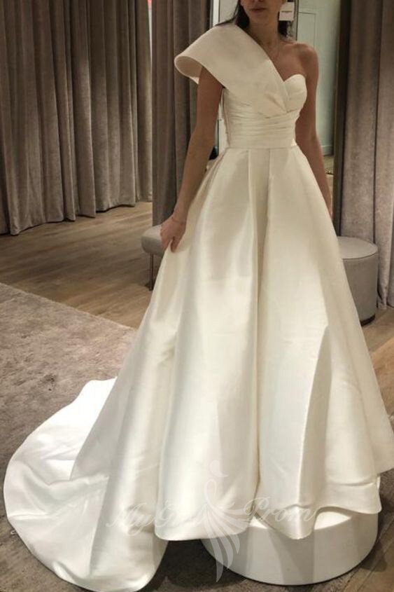 Elegant One Shoulder Pleated Satin Wedding Dress A-line Bridal Gown PW580