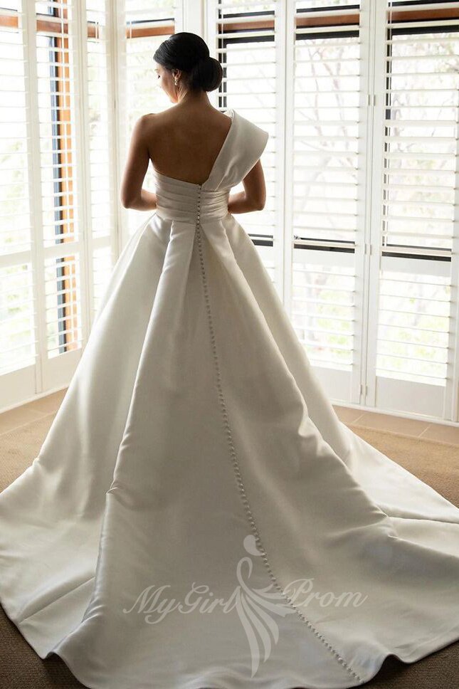 Elegant One Shoulder Pleated Satin Wedding Dress A-line Bridal Gown PW580
