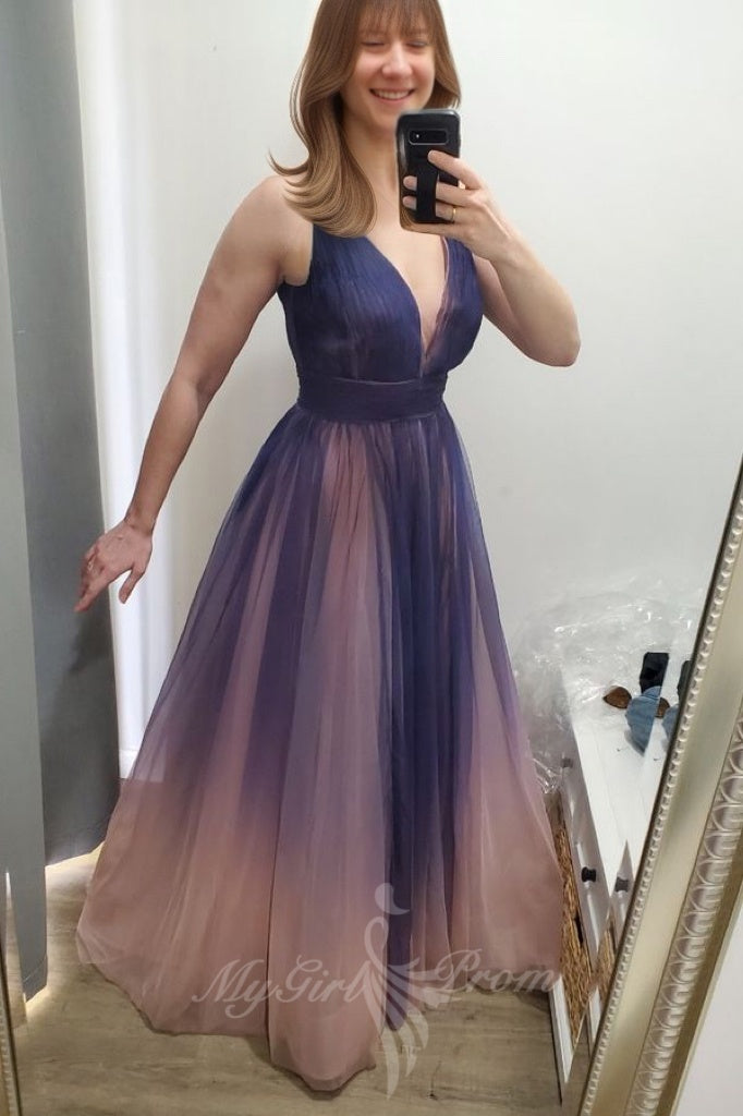 Elegant Purple Pink Ombre Prom Dress A-line Tulle Gradient Party Gown GP814