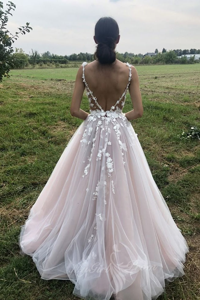 Elegant Straps V-neck 3D Flowers A Line Backless Wedding Dresses With Detachable Train PW600