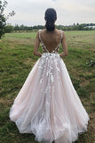 Elegant Straps V-neck 3D Flowers A Line Backless Wedding Dresses With Detachable Train PW600