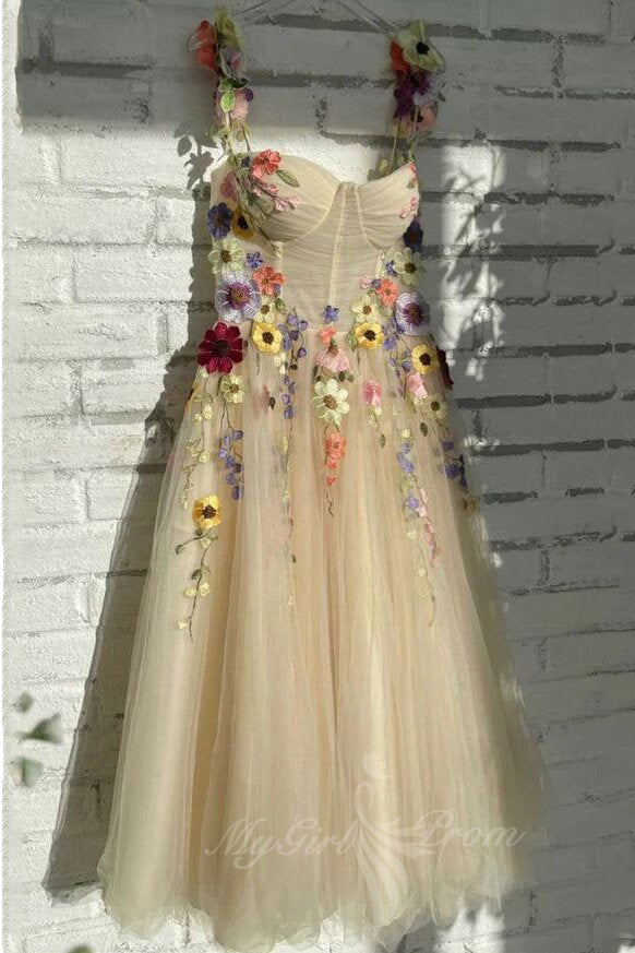 Embroidery Floral Corset Homecoming Dress Tulle Tea Length Prom Dresses