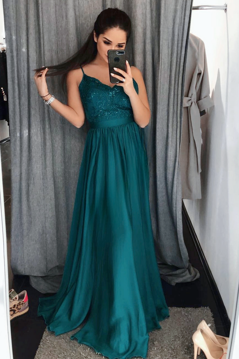 emerald green a line spaghetti straps long prom evening dresses