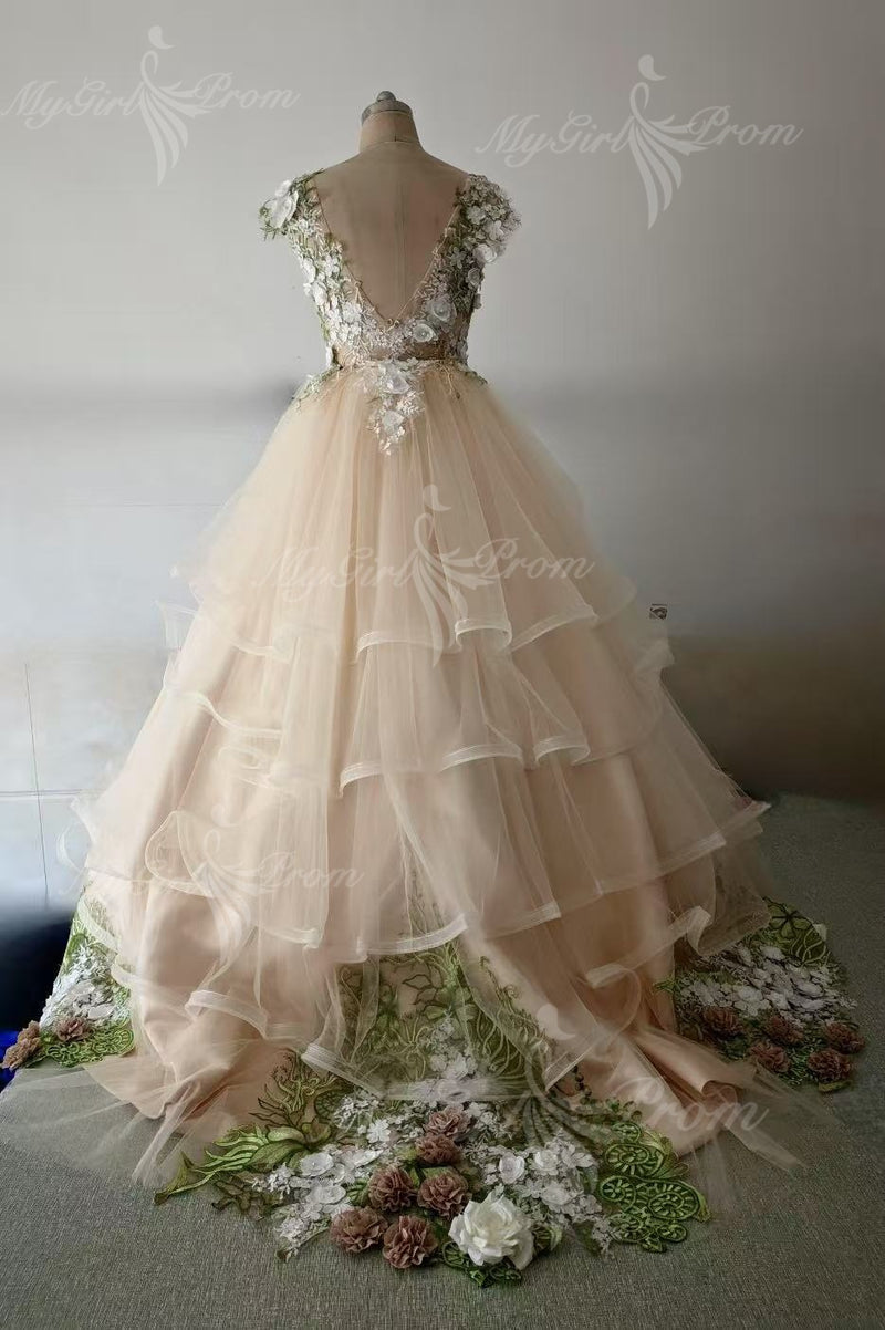 Fairy Ball Gown Tulle Wedding Dresses 3D Floral Quinceanera Dress PW598