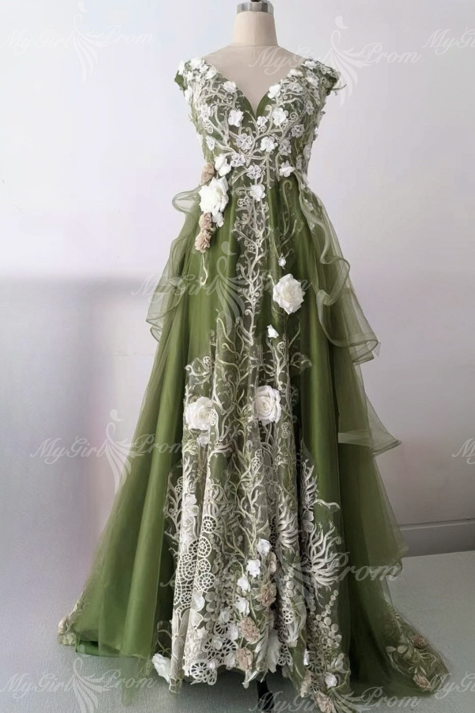 Fairy Tulle Green A-line Prom Dresses Lace Appliques Formal Dress GP806