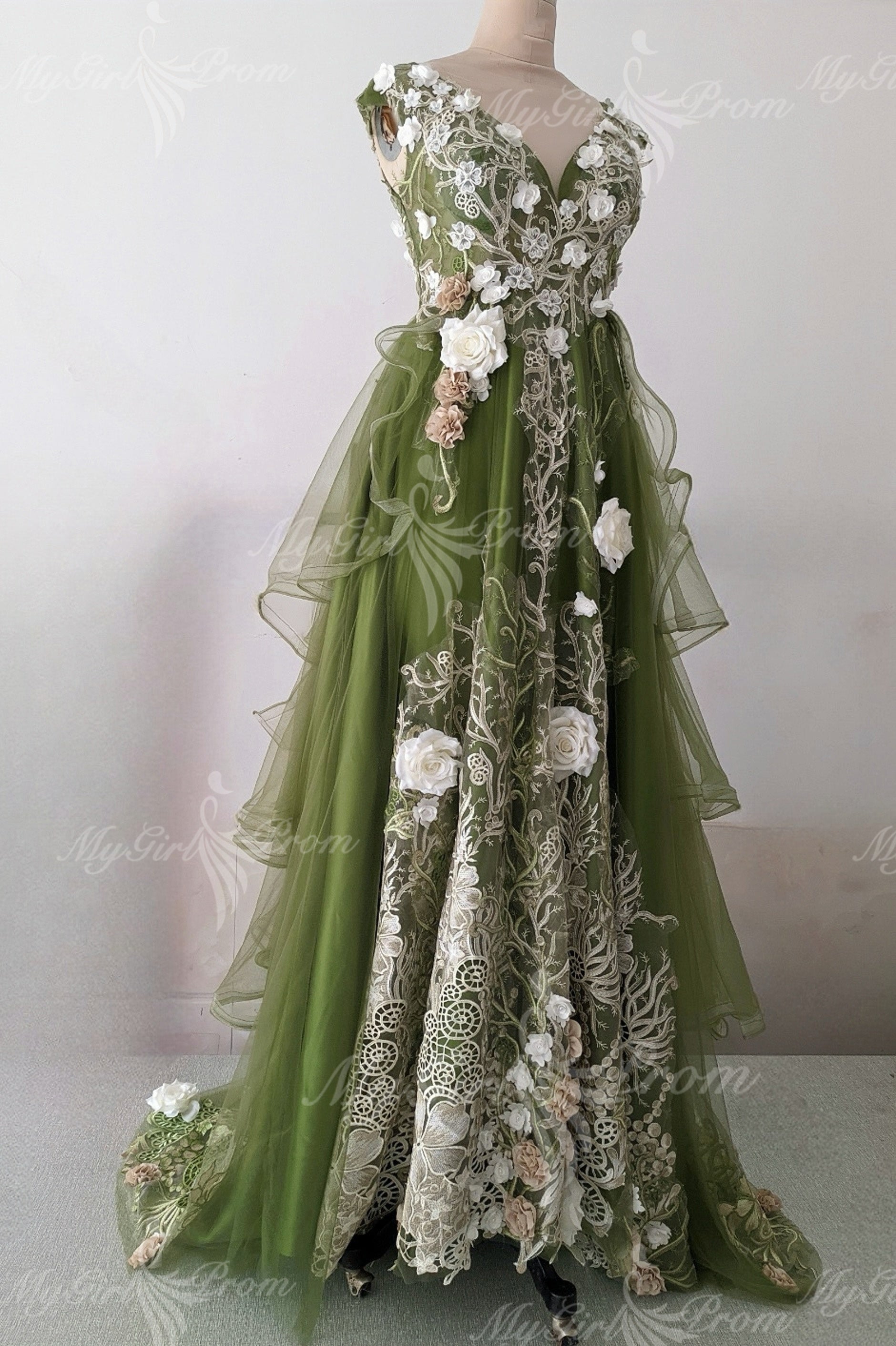 Fairy Tulle Green A-line Prom Dresses Lace Appliques Formal Dress GP806
