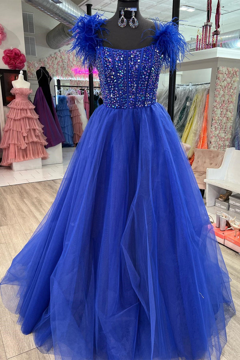 Feathers Straps Beaded Royal Blue Tulle Long Prom Formal Dress GP698