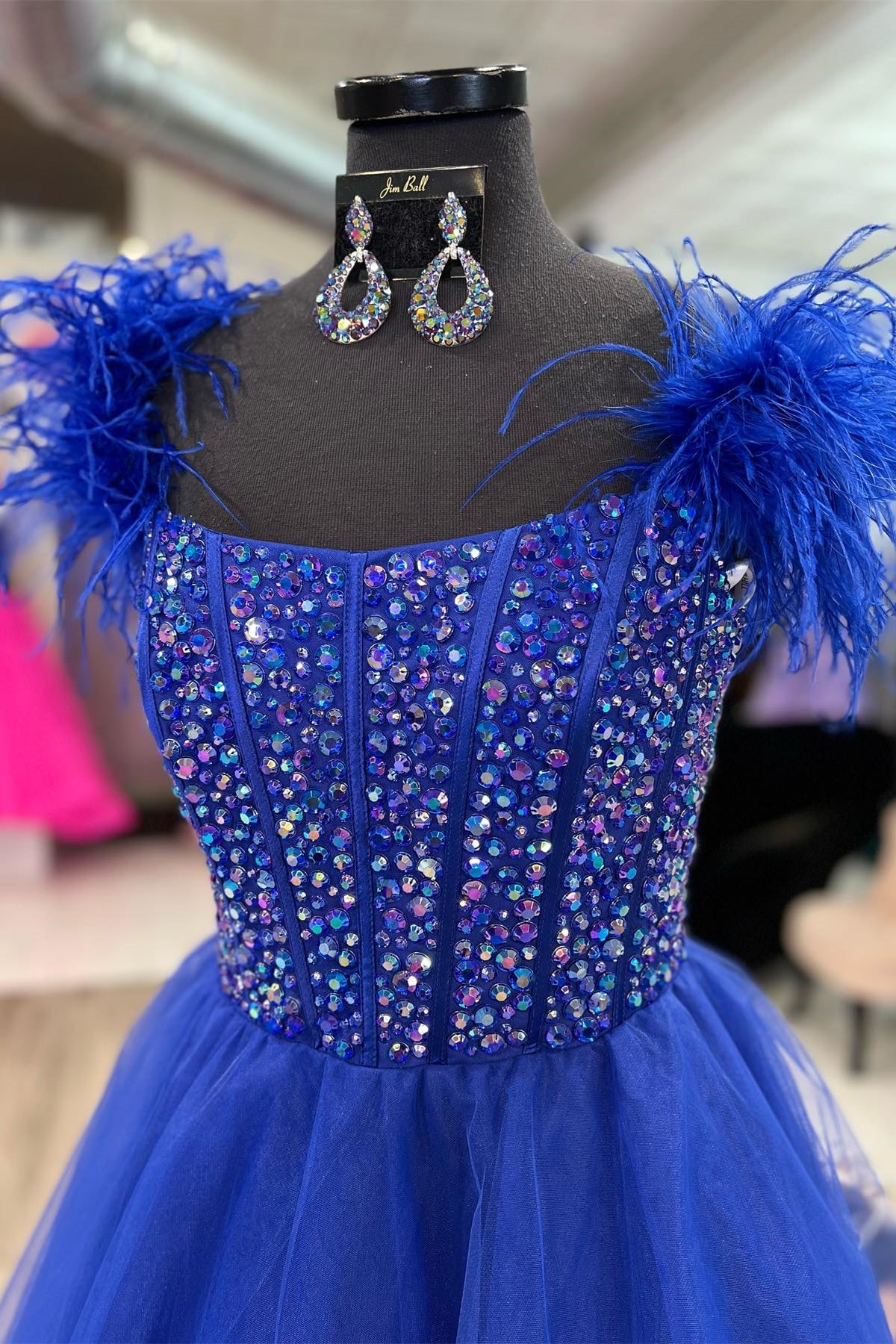 Feathers Straps Beaded Royal Blue Tulle Long Prom Formal Dress GP698