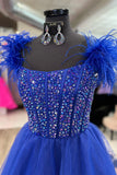 Feathers Straps Beaded Royal Blue Tulle Long Prom Formal Dress GP698