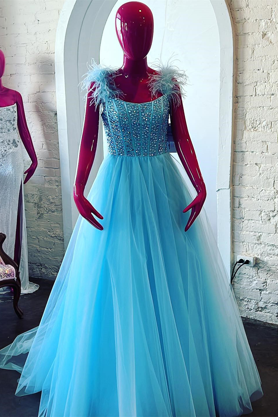 Feathers Straps Beaded Royal Blue Tulle Long Prom Formal Dress GP698