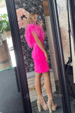 Feathers Off Shoulder Hot Pink Satin Bodycon Homecoming Dresses GM701