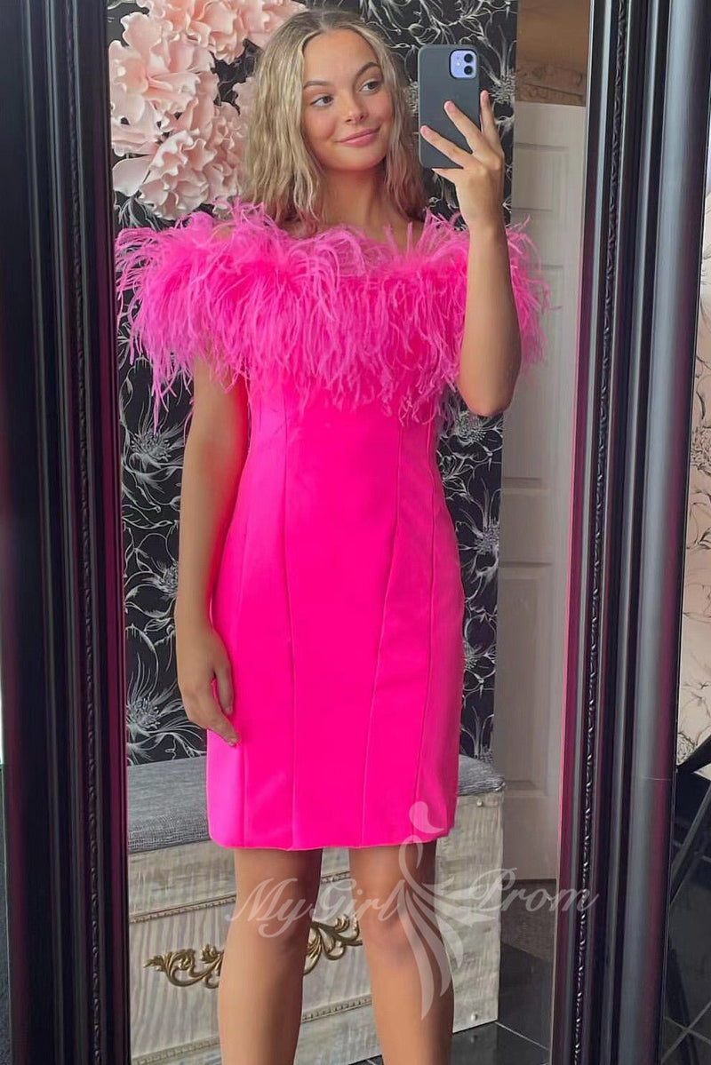 Feathers Off Shoulder Hot Pink Satin Bodycon Homecoming Dresses GM701