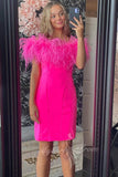 Feathers Off Shoulder Hot Pink Satin Bodycon Homecoming Dresses GM701