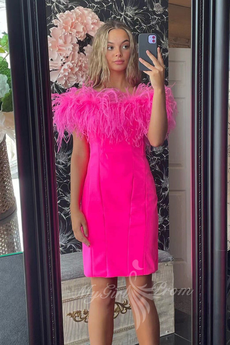 Feathers Off Shoulder Hot Pink Satin Bodycon Homecoming Dresses GM701