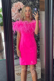 Feathers Off Shoulder Hot Pink Satin Bodycon Homecoming Dresses GM701