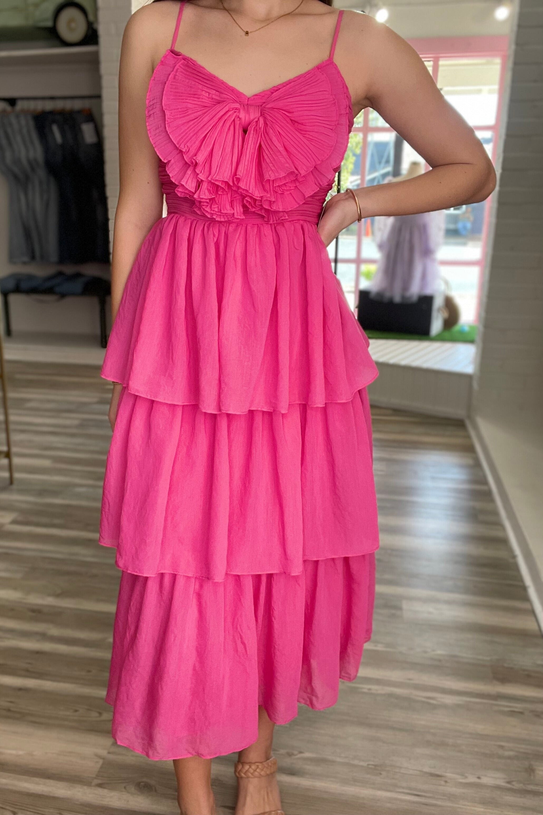 Fuchsia Pleated Layered Chiffon Bow Prom Dress A-line Homecoming Dress GP686