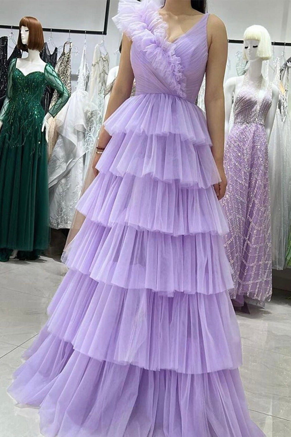 A-Line Lilac Prom Dresses Tulle with Ruffle, Princess Tiered Graduation Gown GP648