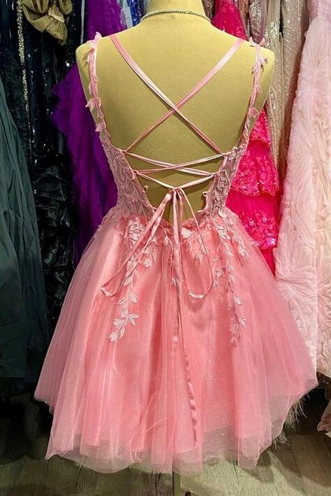 Chic Straps A-line Pink Tulle Short Homecoming Dress with Leaf Lace GM681